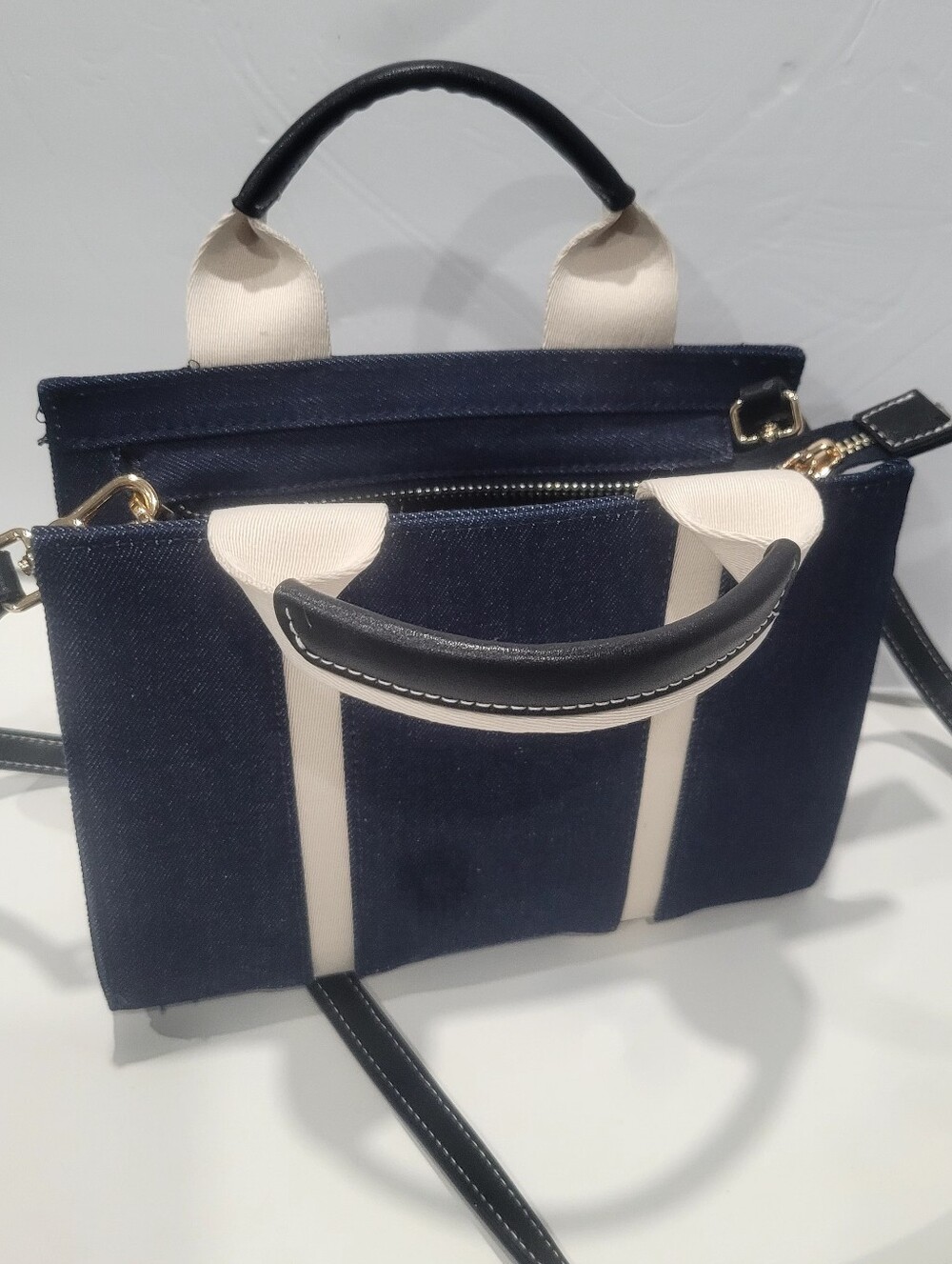 Zara Denim Canvas Tote-Style Crossbody Bag in Navy and Cream